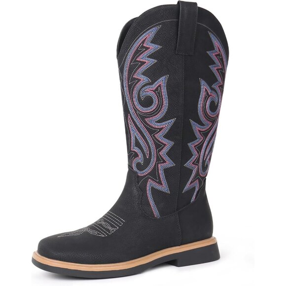 Women's Black Embroidered Square Toe Side Zipper Western Mid Calf Dress Boots - Picture 5 of 5